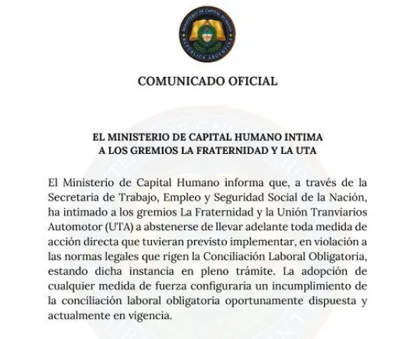 El Gobierno intimó a la UTA y a La Fraternidad para que no adhieran al paro general