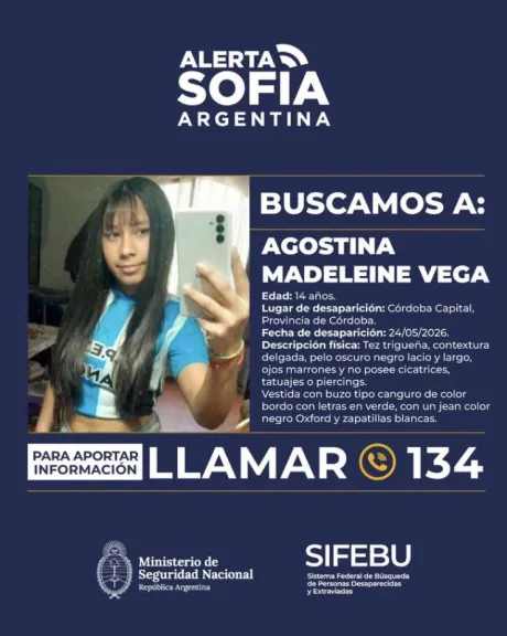 Activan Alerta Sofía por Agostina Madeleine Vega, la chica de 14 años, que desapareció en Córdoba Capital