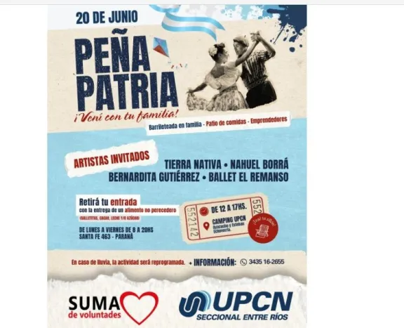 UPCN realizará una Peña Patria a beneficio de Suma de Voluntades