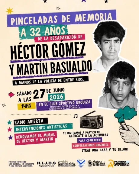 A 32 años de la desaparición de Héctor Gómez y Martín Basualdo: Convocan a una jornada cultural y de memoria en Paraná