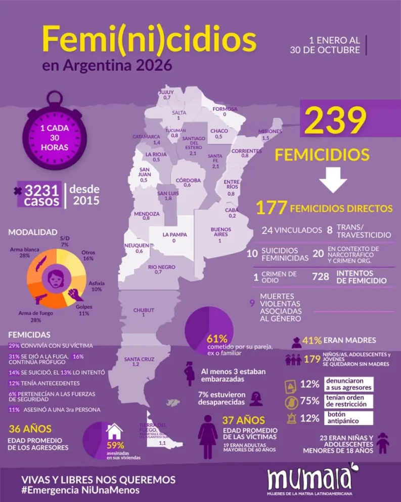 Femicidios: una mujer muere cada 30 horas, el peor octubre desde 2022